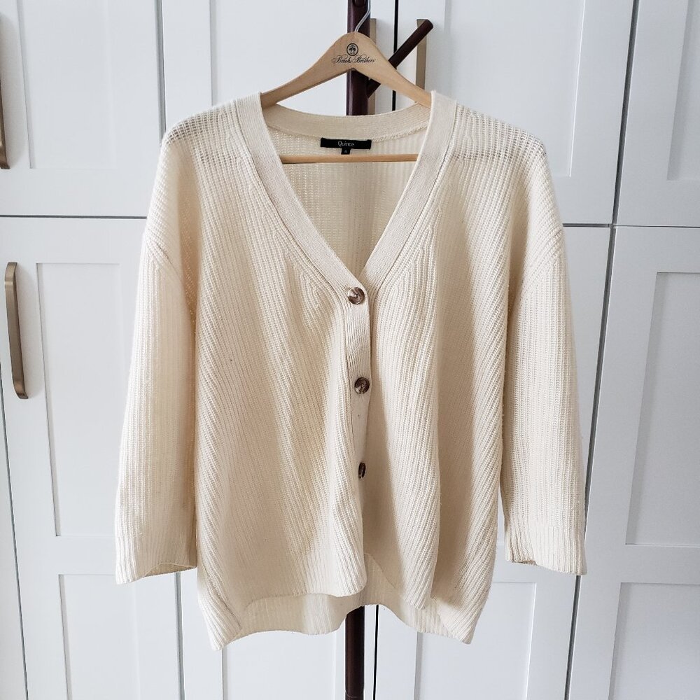Quince Mongolian Cashmere Fisherman Boxy Cropped Cardigan Sweater Womens Ivory S - Picture 4 of 7